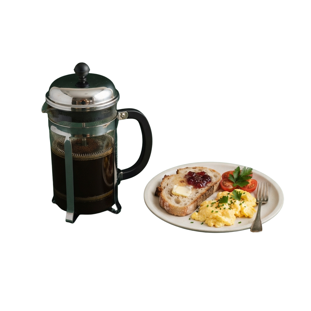 A French press coffee maker with brewed coffee next to a plate of toast with jam, eggs, and tomatoes