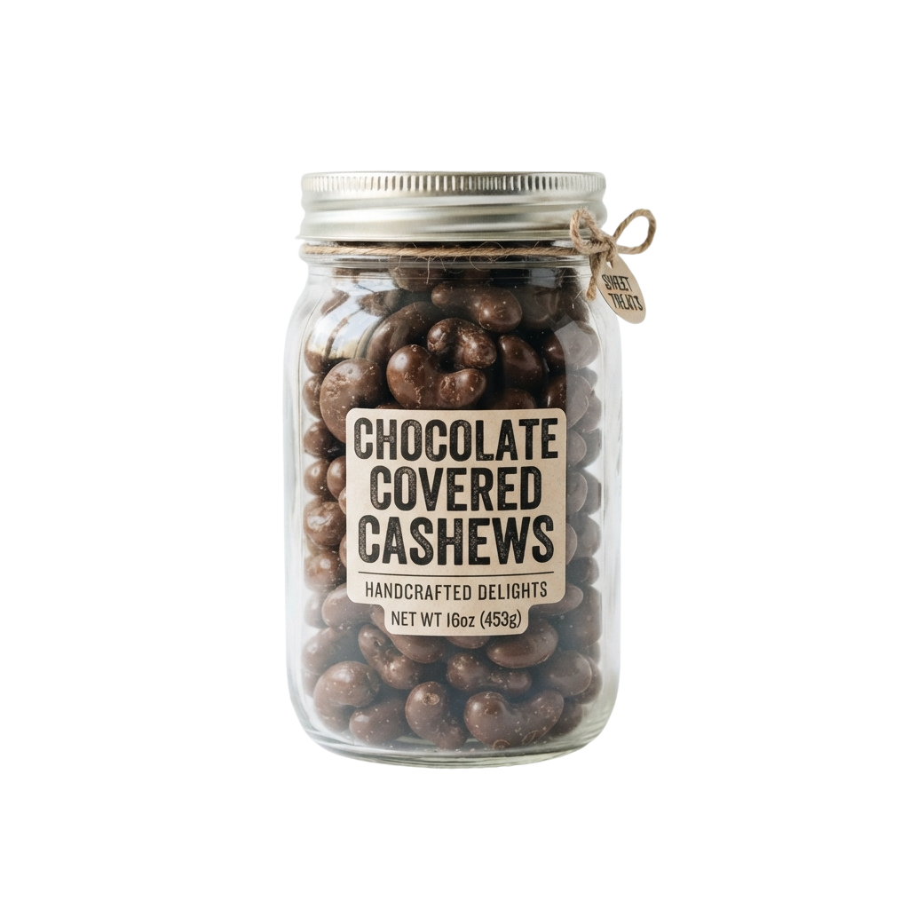 Clear jar filled with chocolate covered cashews, labeled Chocolate Covered Cashews Handcrafted Delights, 16oz net weight
