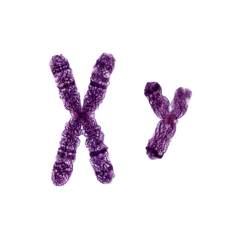Microscopic image showing X and Y chromosomes in purple color against a black background