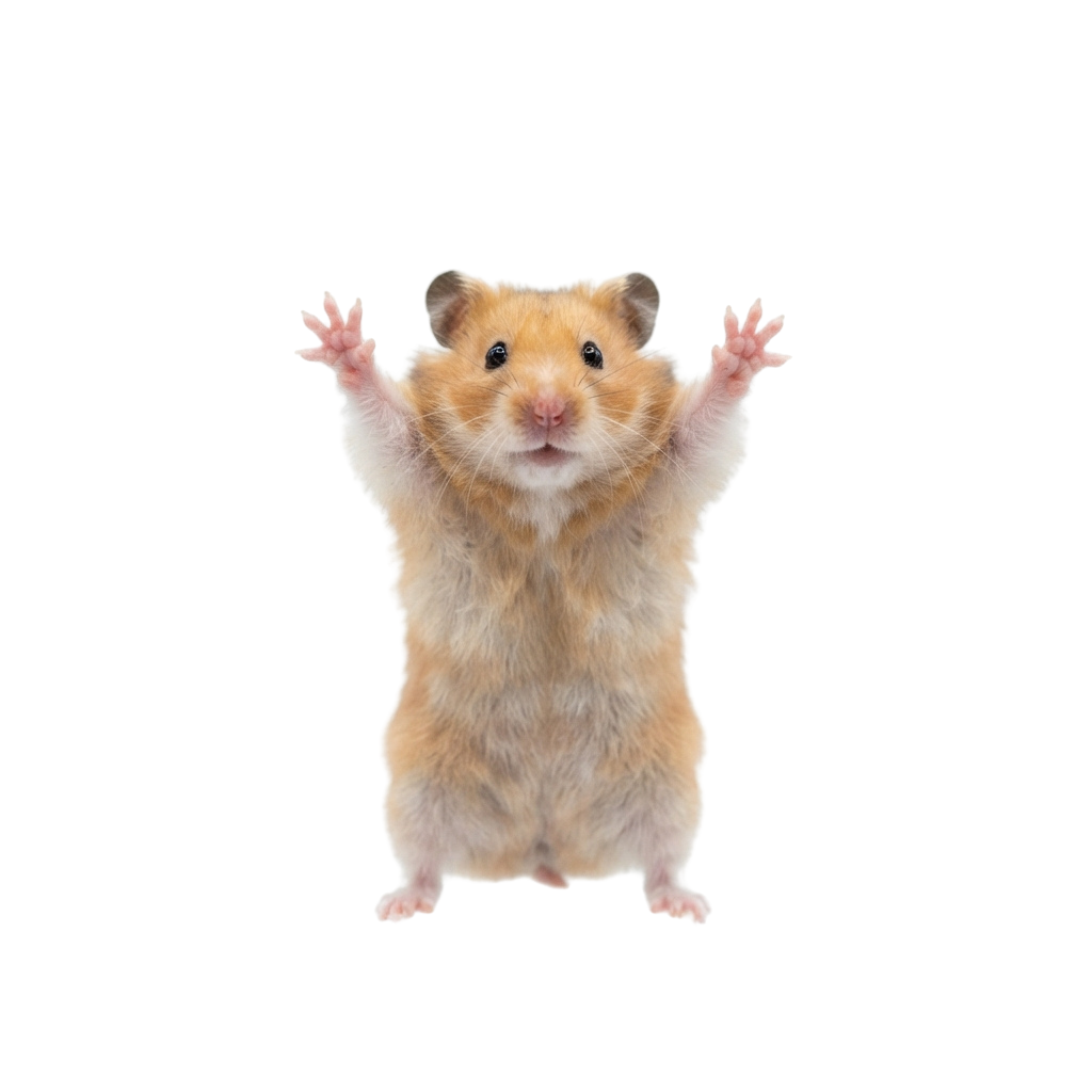 A Syrian hamster standing upright on hind legs with front paws raised