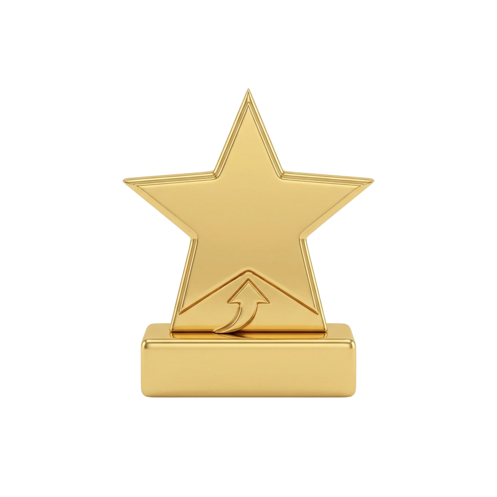 A shiny gold star-shaped trophy with an upward-pointing arrow emblem on a rectangular base