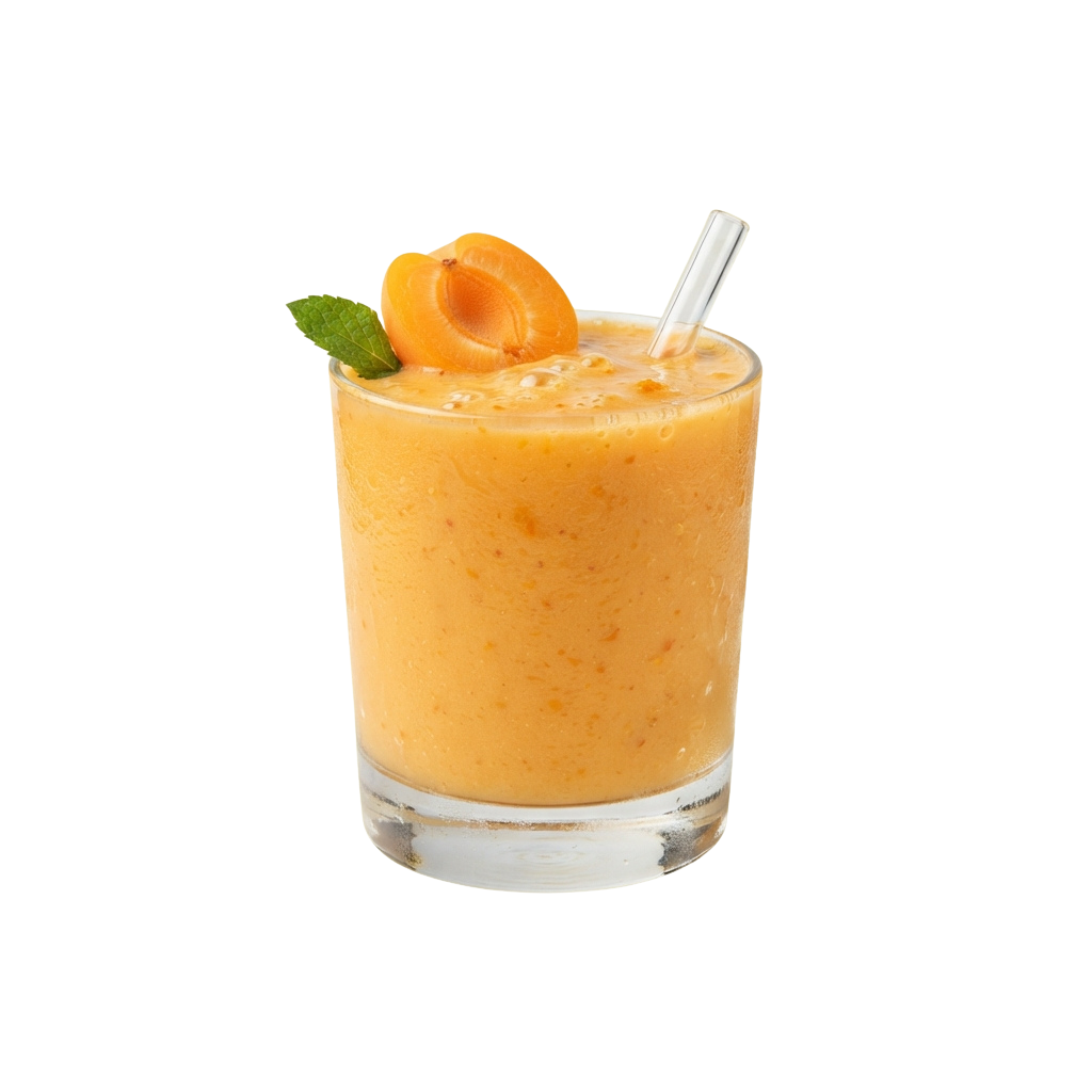 A tall glass filled with orange carrot smoothie topped with a sliced carrot garnish and mint leaf, served with a straw.