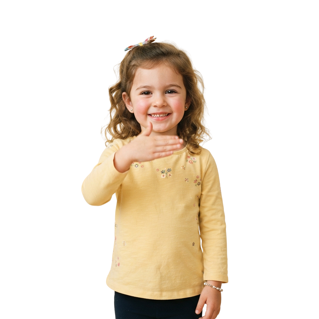 Smiling young girl making a peace sign with both hands