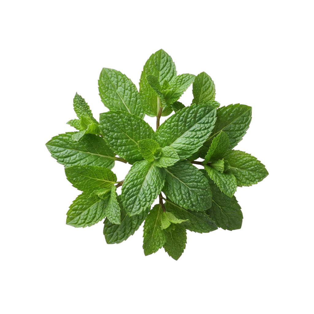 A cluster of fresh green mint leaves with serrated edges against a black background