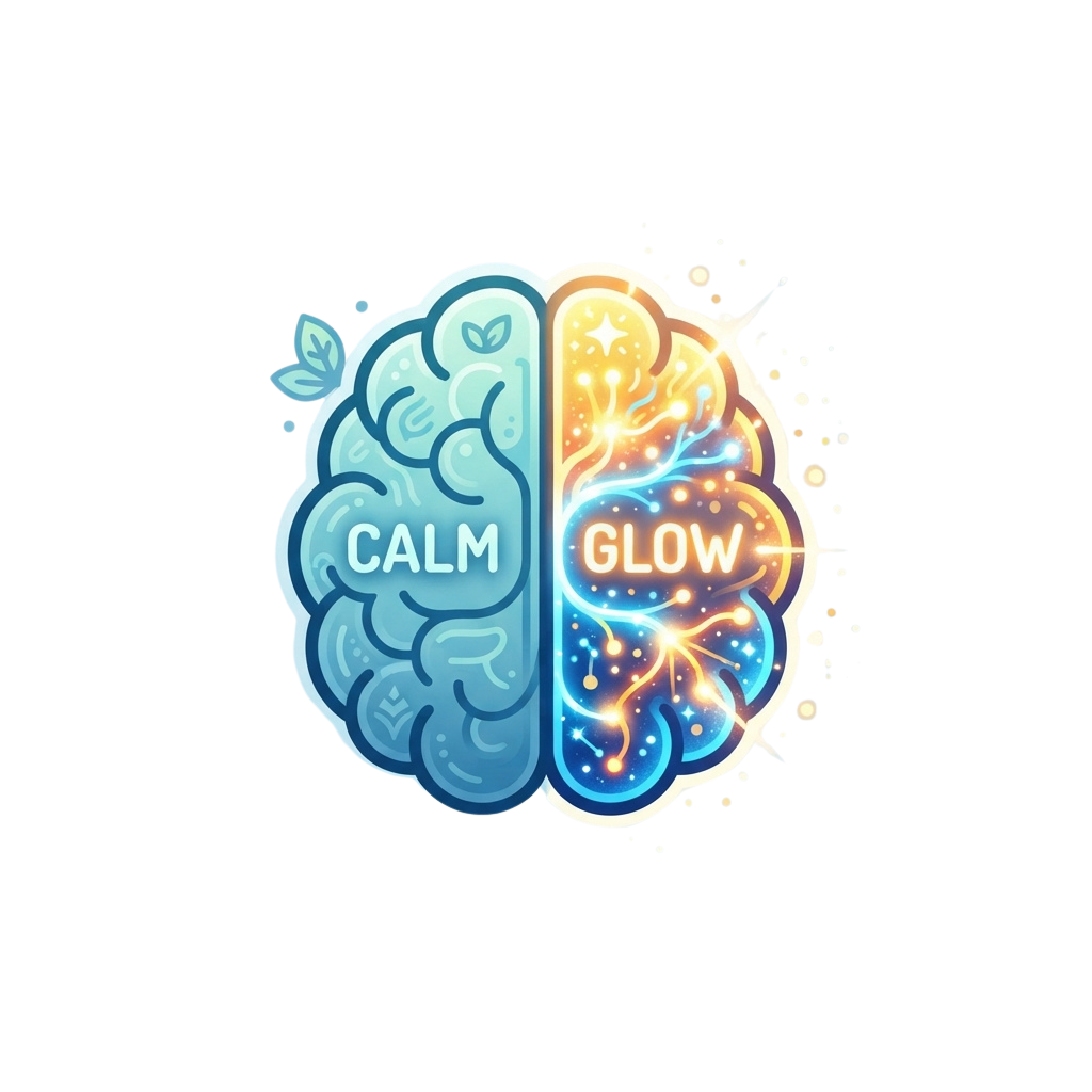 Split brain illustration showing calm on the left side and glowing energy on the right side