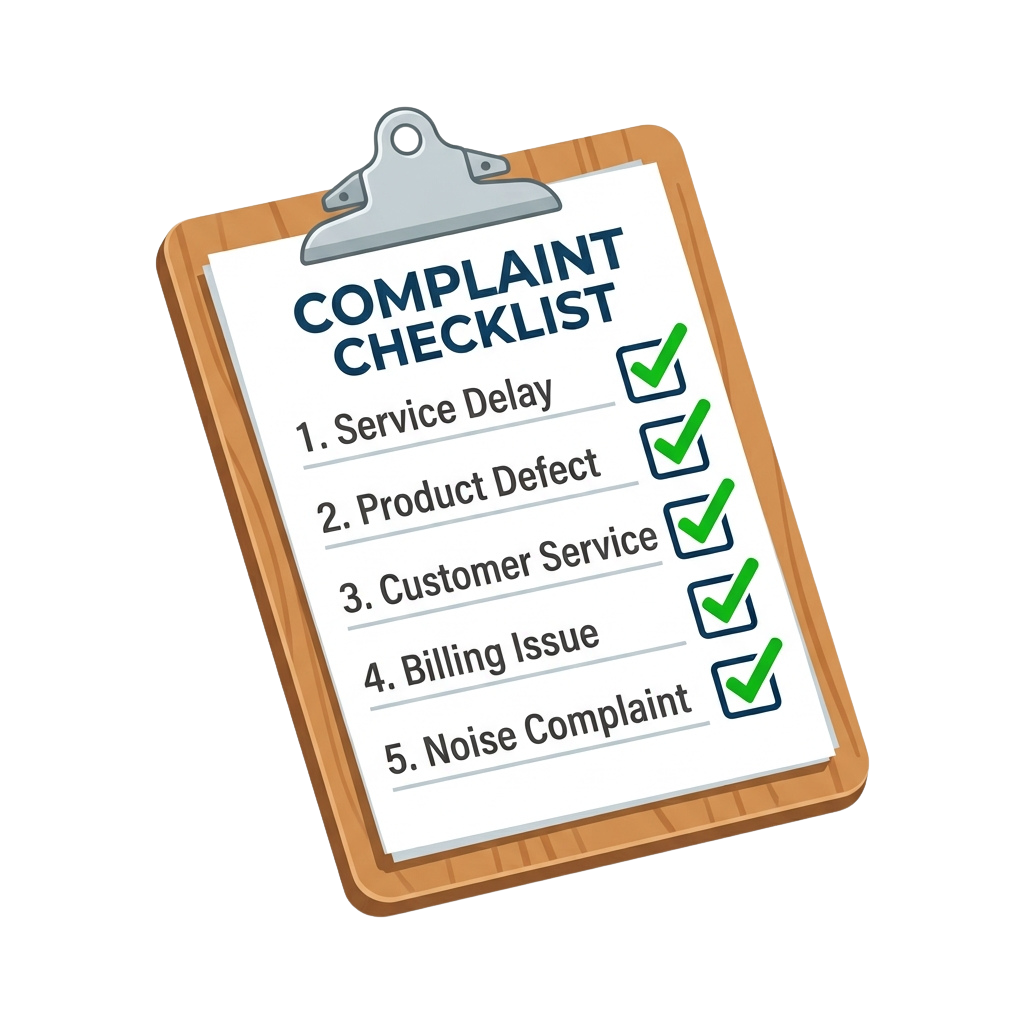 Clipboard displaying a complaint checklist with five checked items: Service Delay, Product Defect, Customer Service, Billing Issue, Noise Complaint