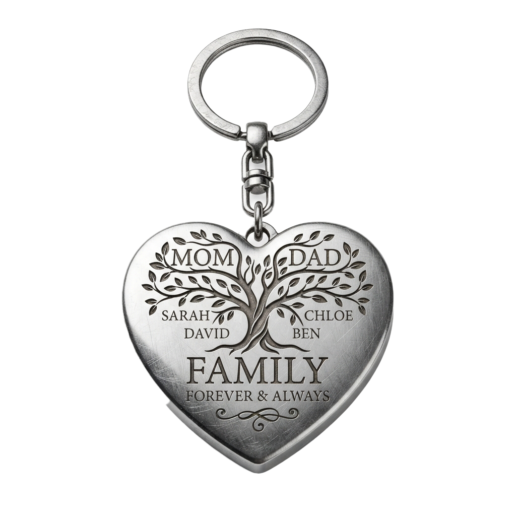 Heart-shaped keychain with tree design and family names engraved, labeled Mom, Dad, and children, reading Family Forever & Always