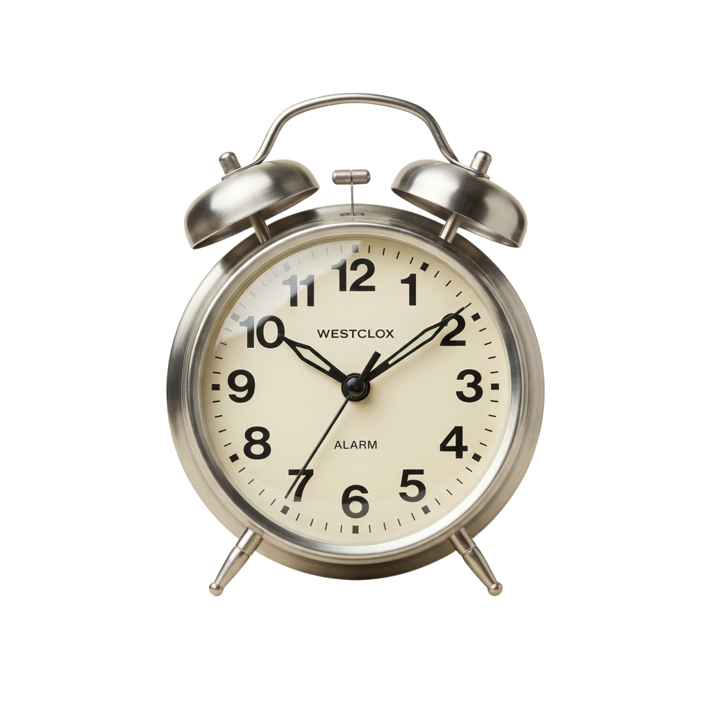 A vintage-style alarm clock showing the time 11:52 with alarm set to 7:00