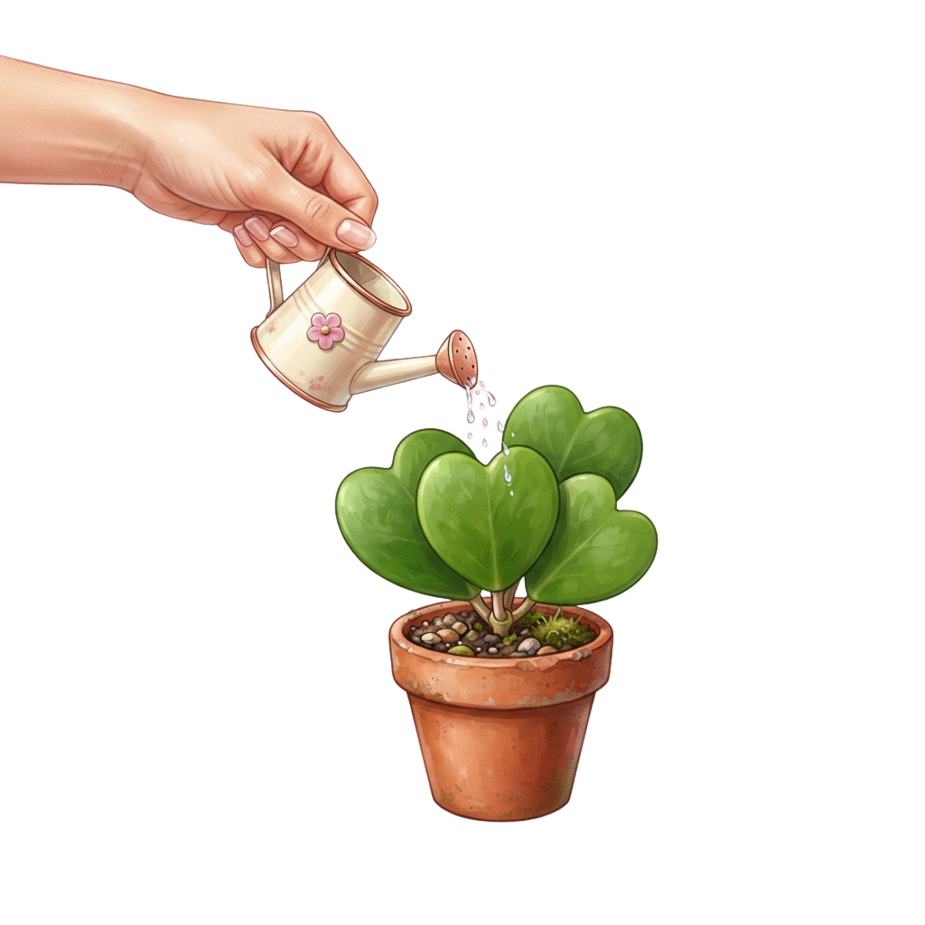 A hand pouring water from a small decorative watering can onto a heart-shaped succulent plant in a terracotta pot