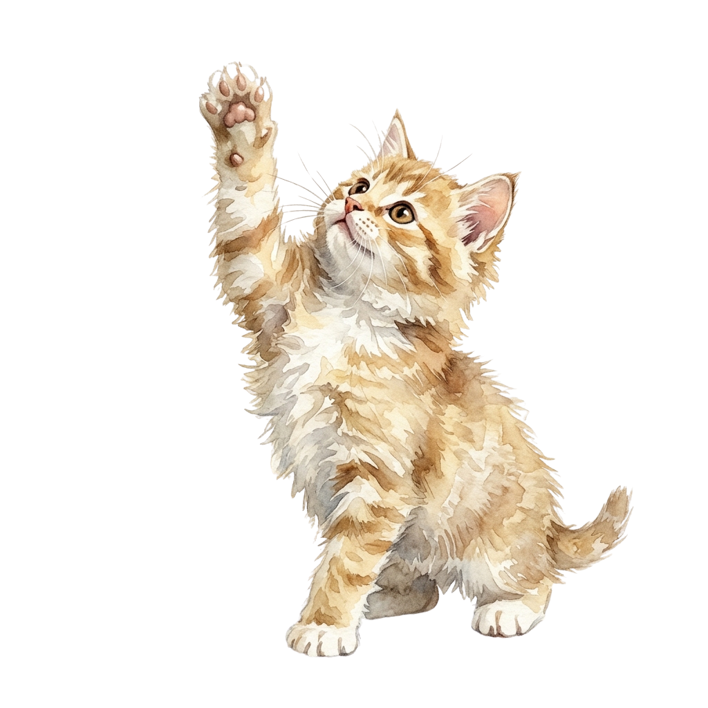 A fluffy ginger kitten sitting and raising one paw with a playful expression