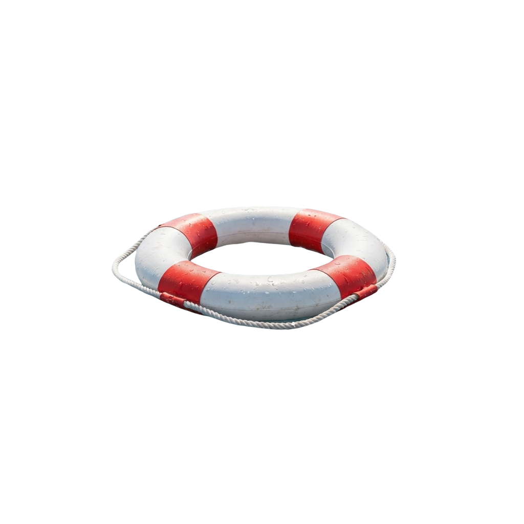 A red and white life preserver ring buoy against a black background