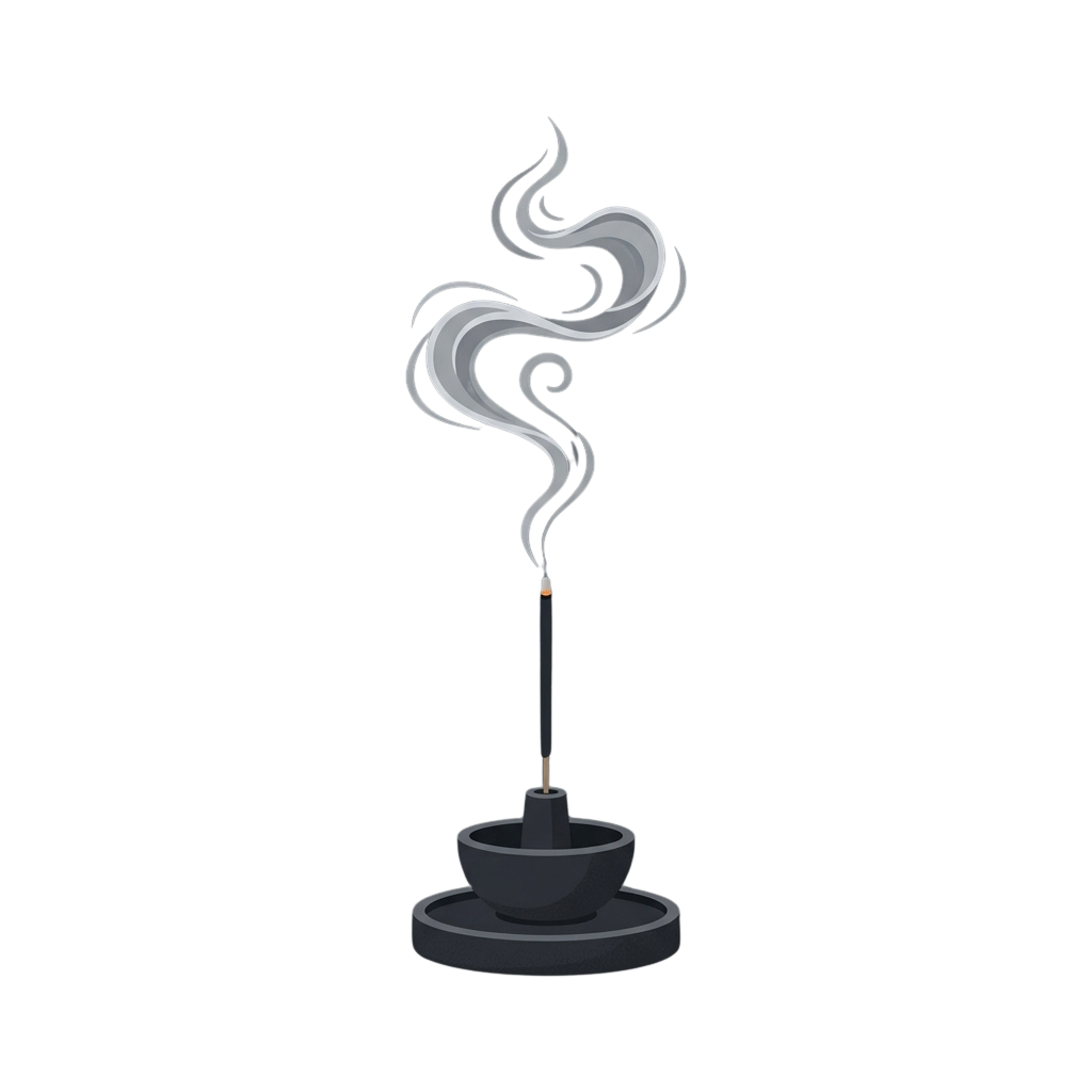 Incense stick burning in a holder with smoke curling upward against a black background