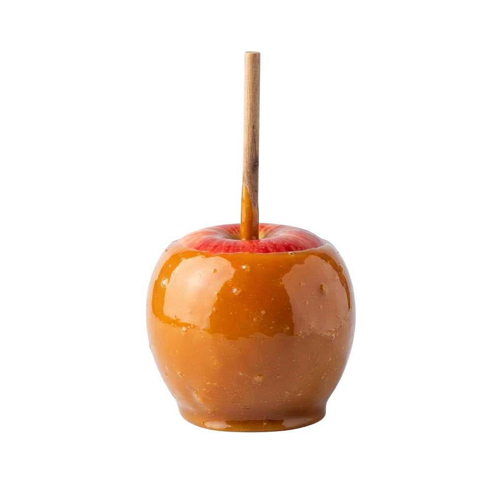 A caramel-coated apple candy on a stick with a wooden handle