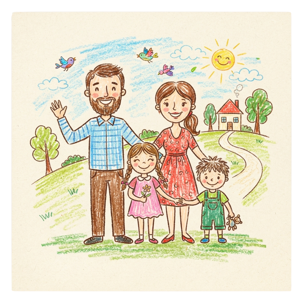 Illustration of a smiling family of four waving outdoors on a sunny day with birds and a house in the background