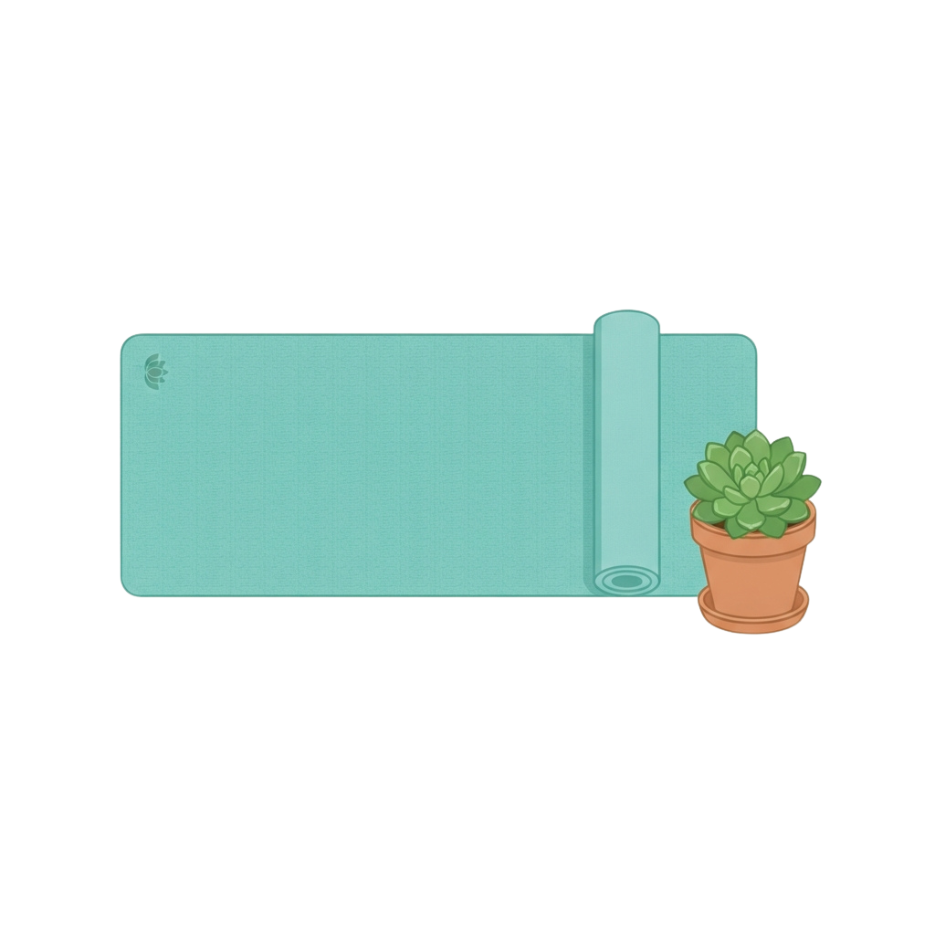 A light blue yoga mat with a small potted succulent plant placed on its edge