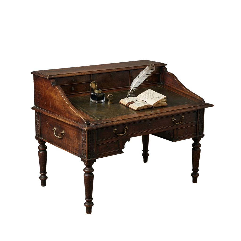 Vintage wooden desk with a slanted writing surface, drawers, and a feather quill pen on top