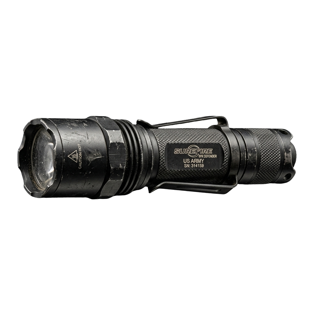A rugged tactical flashlight with visible damage to the lens and body, labeled US ARMY.