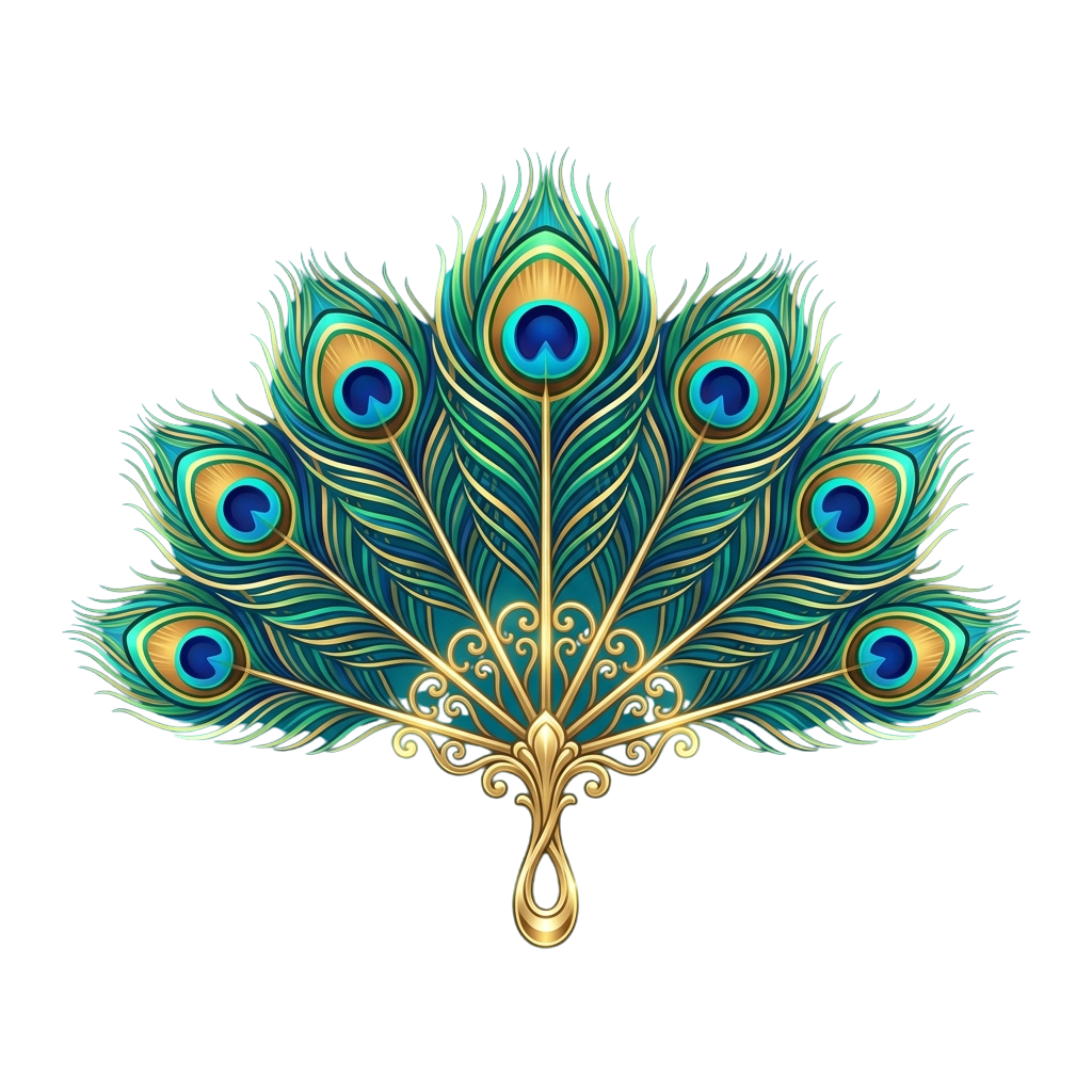 Illustration of a peacock feather cluster with intricate gold swirls at the base on a black background