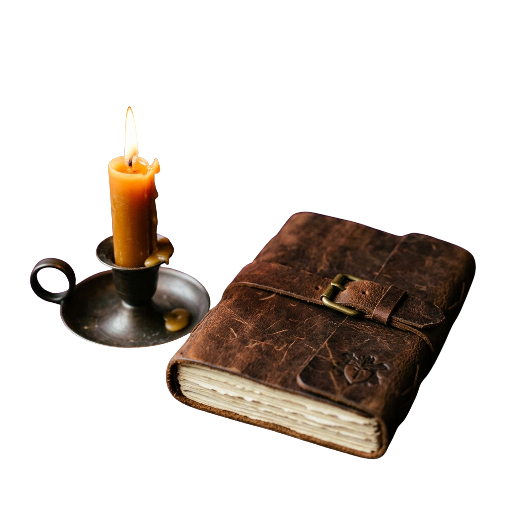 A lit candle beside an old leather-bound journal on a dark background