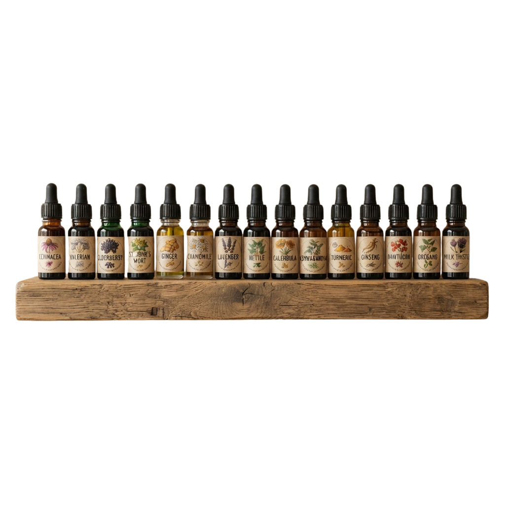 Set of 15 small essential oil bottles with labels on a rustic wooden shelf