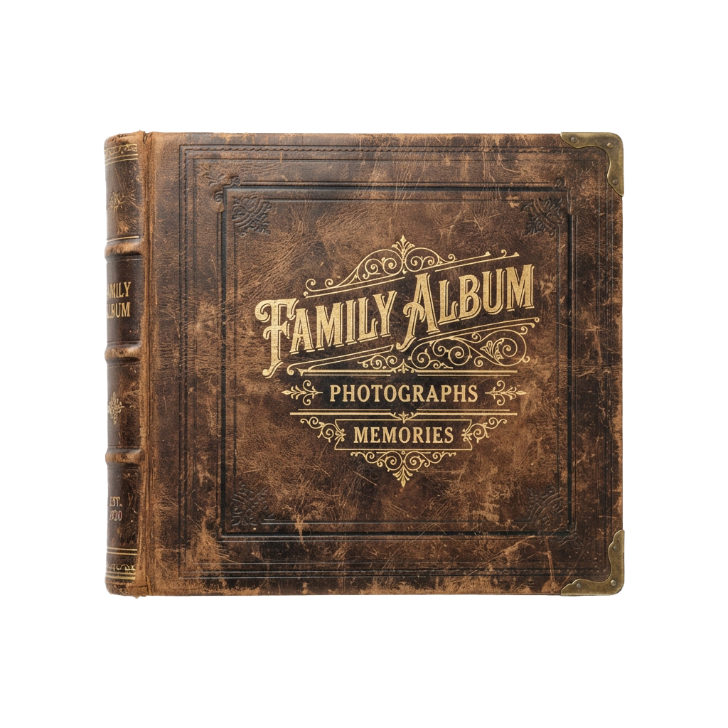 An antique-style family album cover with gold embossed text reading Family Album, Photographs, Memories
