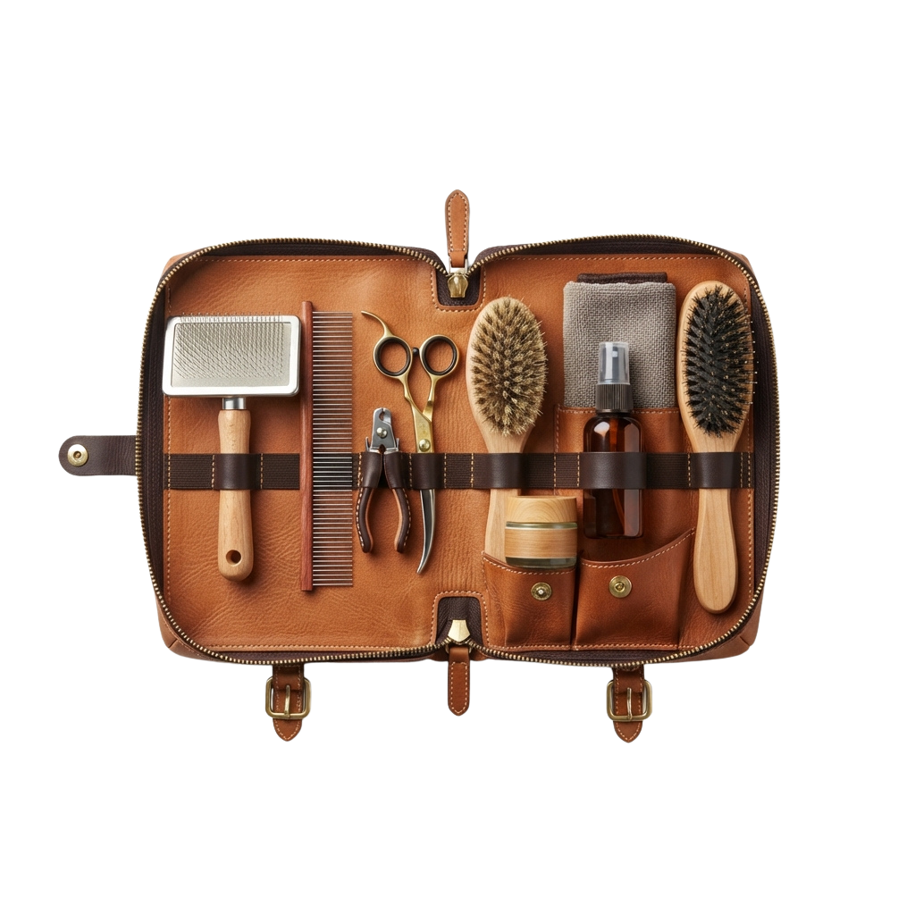 Leather case containing grooming tools like brushes, comb, scissors, and nail clippers