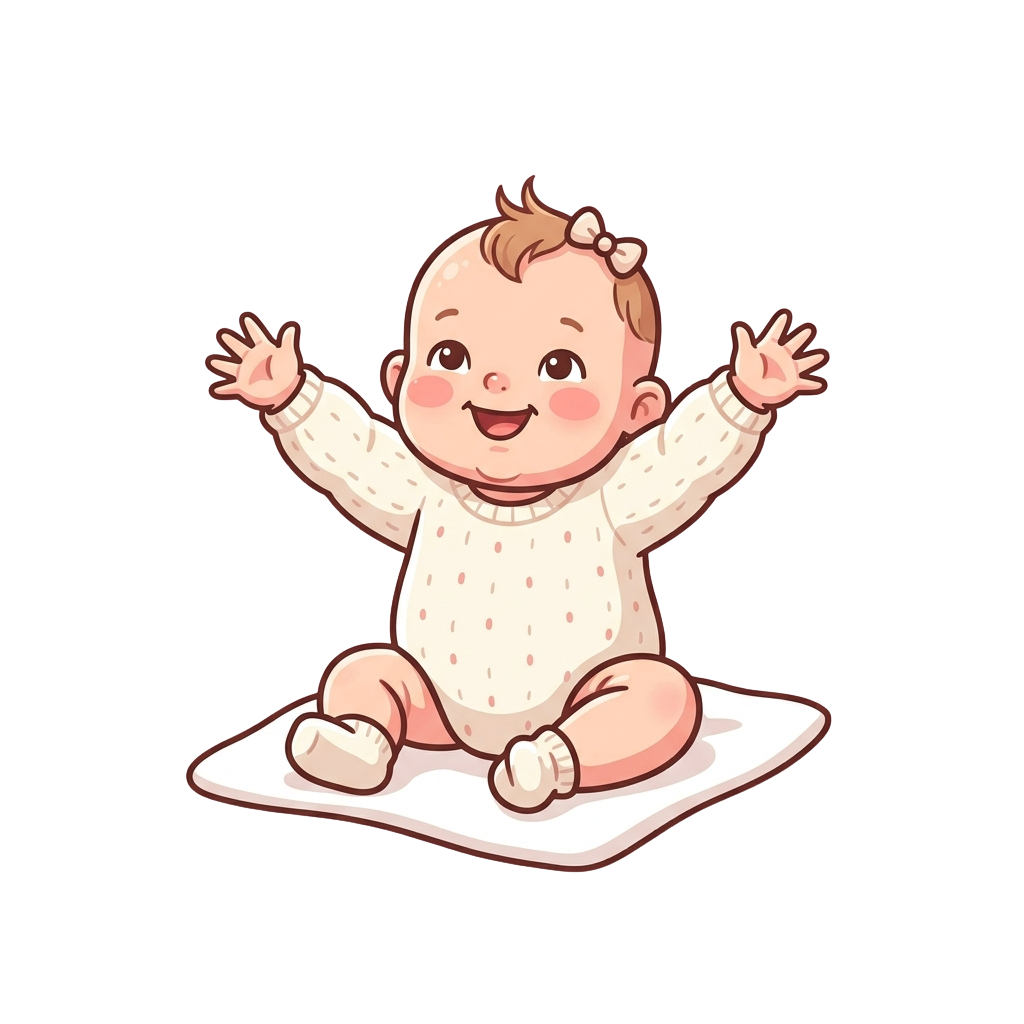 Illustration of a cheerful baby sitting with arms raised, wearing a light-colored outfit with small polka dots