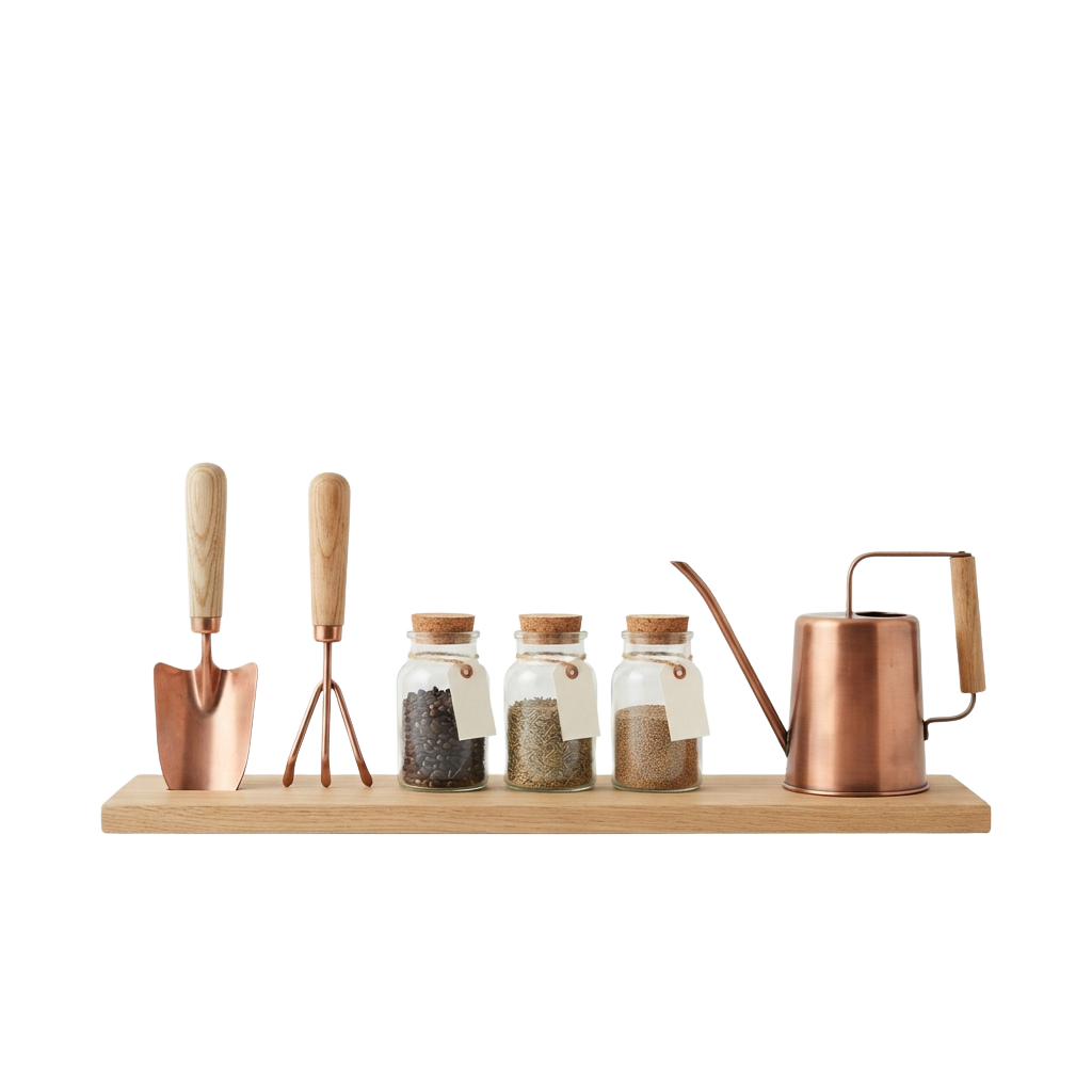 Copper garden tools and spice jars displayed on a wooden tray with wooden handles and metal accents