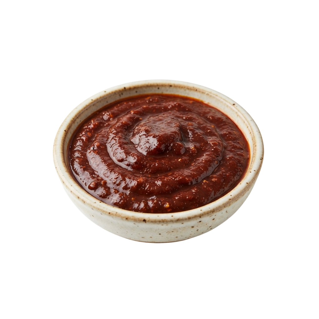 A small ceramic bowl filled with thick red spicy sauce swirled in the center