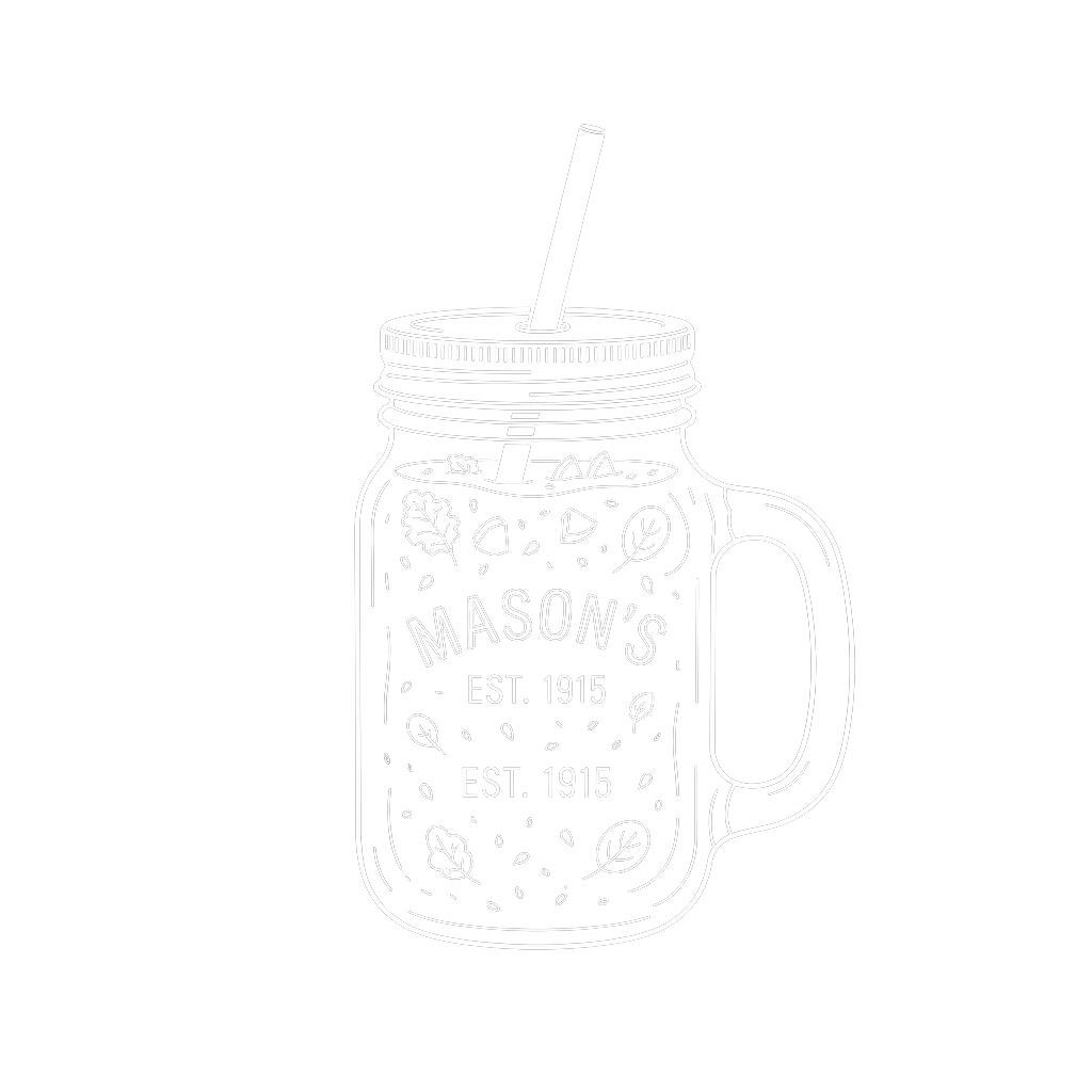 A white-line drawing of a mason jar drink with a straw, decorated with leaves and ice cubes, labeled with establishment year 1915
