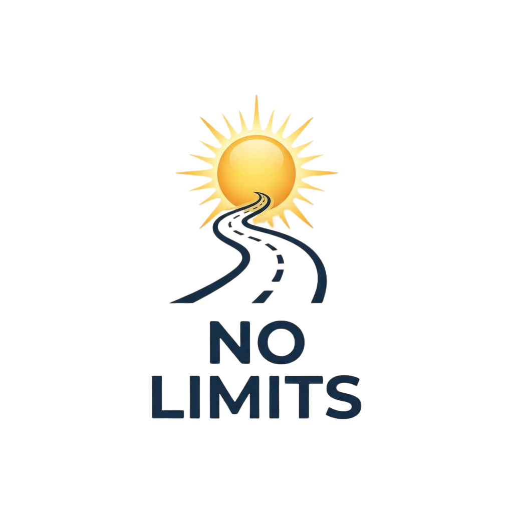 A glowing sun rising over a winding road with the text no limits below
