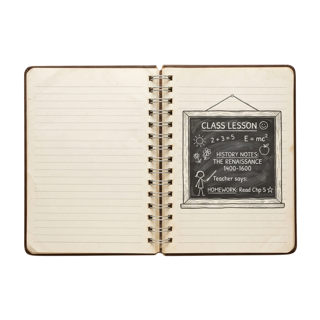 Open notebook with a blackboard-style sticker showing a class lesson, math equation, history notes, and homework assignment