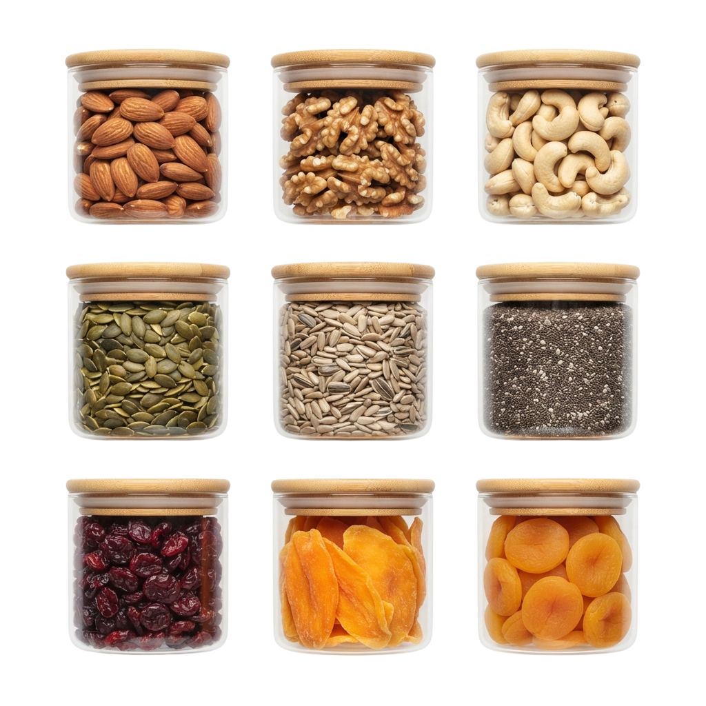 Nine jars containing almonds, walnuts, cashews, pumpkin seeds, sunflower seeds, chia seeds, dried cranberries, apricots, and dried apricot slices
