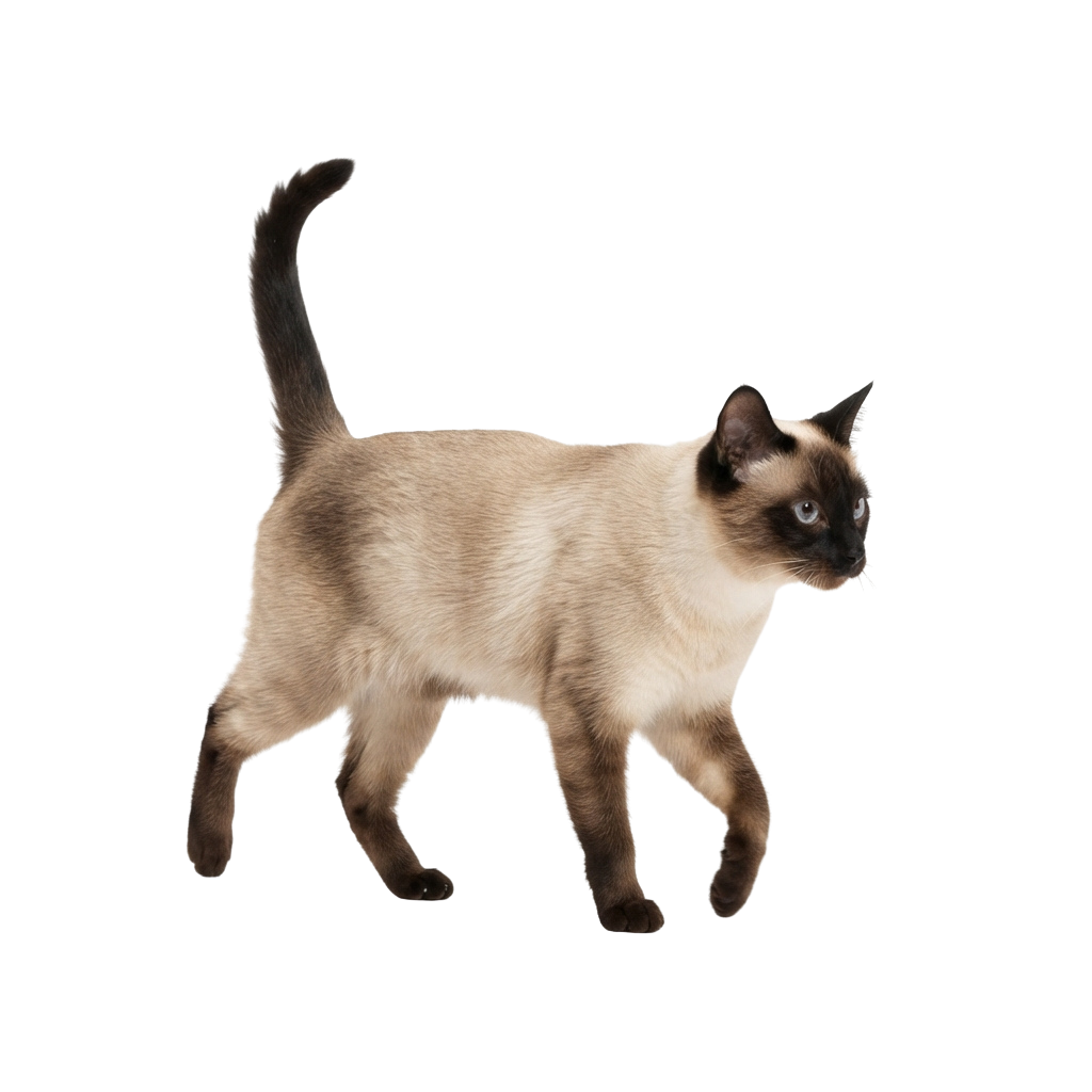 A Siamese cat standing on four legs facing right against a black background