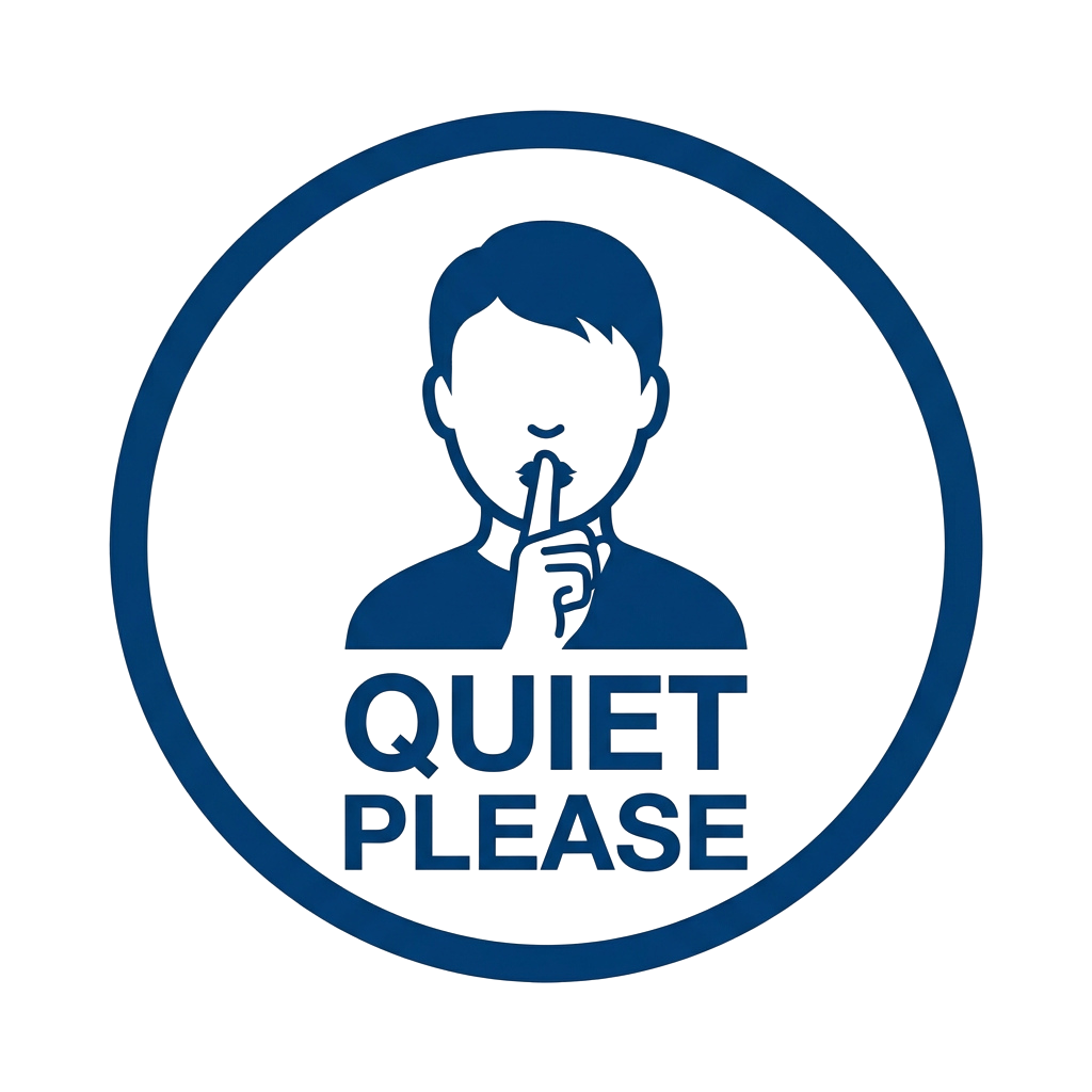 Silhouette of a person shushing with finger to lips in a blue circle over a black background