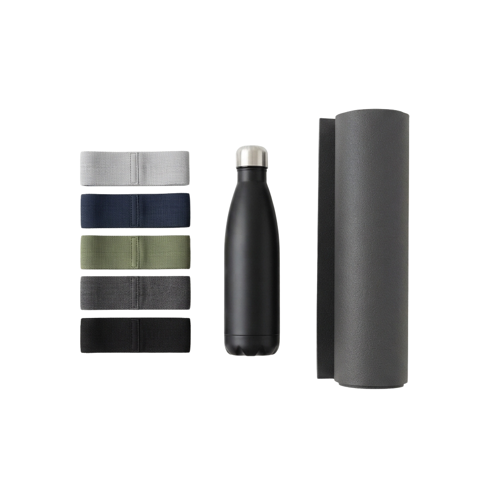 A sleek black water bottle with a silver lid, four fabric sleeves in different colors, and a gray protective cover.