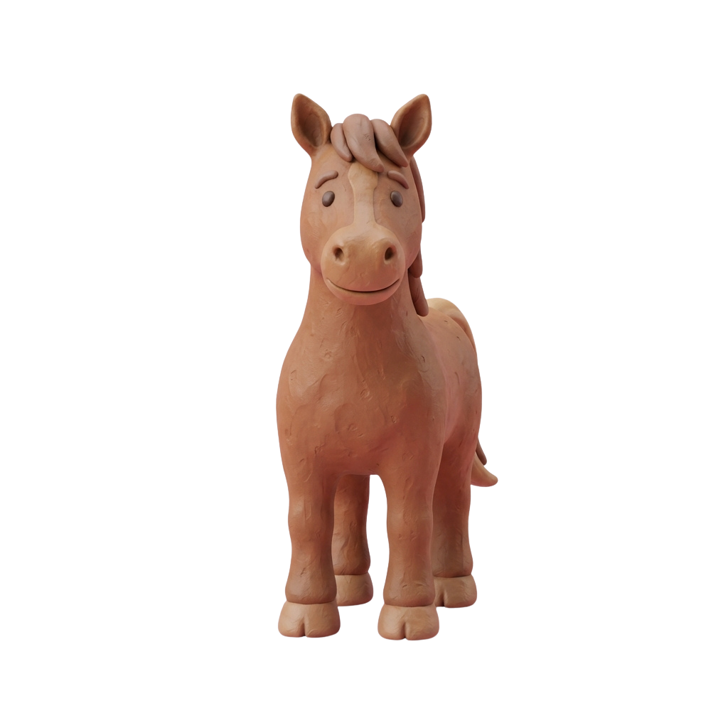 A smiling brown cartoon donkey toy standing on four legs against a black background