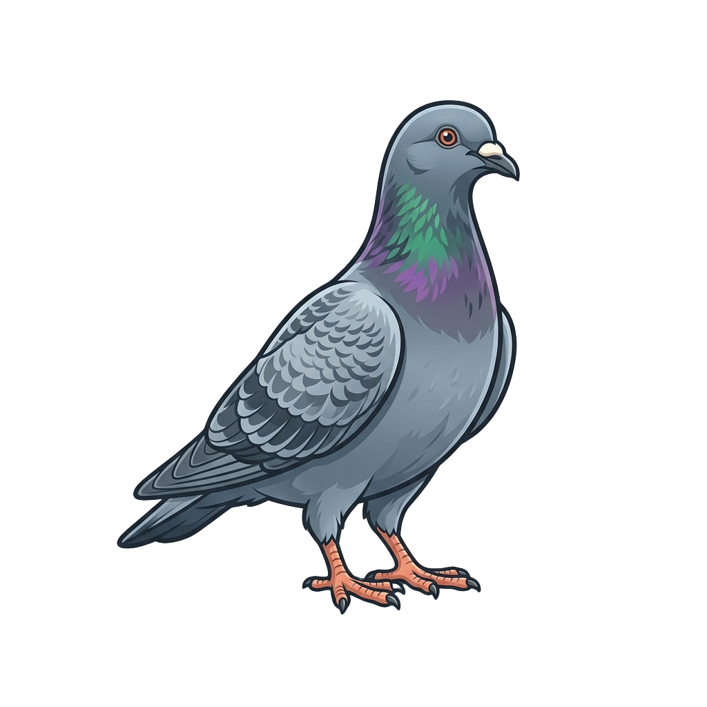 A stylized pigeon with grey body, purple neck, and green iridescent feathers standing on one orange foot against a black background