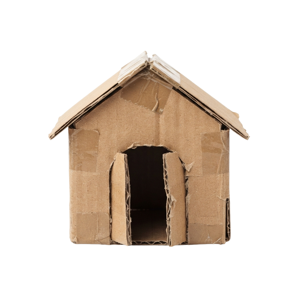 A simple cardboard house structure with a pitched roof and arched doorway against a black background