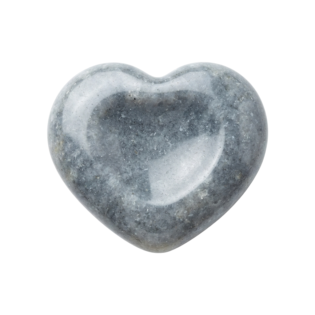 A smooth, translucent heart-shaped moonstone crystal with a milky gray hue.