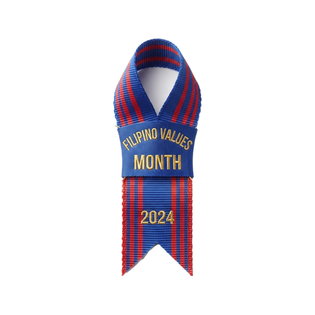 A blue and red striped ribbon badge celebrating Filipino Values Month 2024 with text printed on it