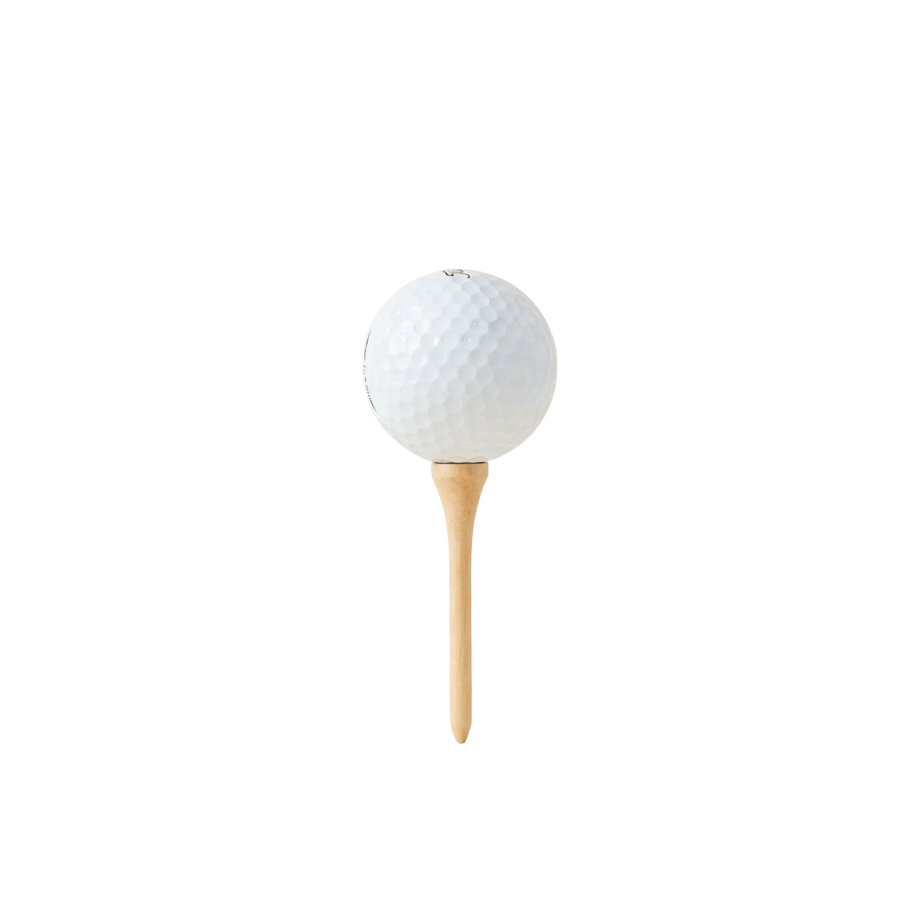 A white golf ball balanced on a light brown wooden tee against a black background