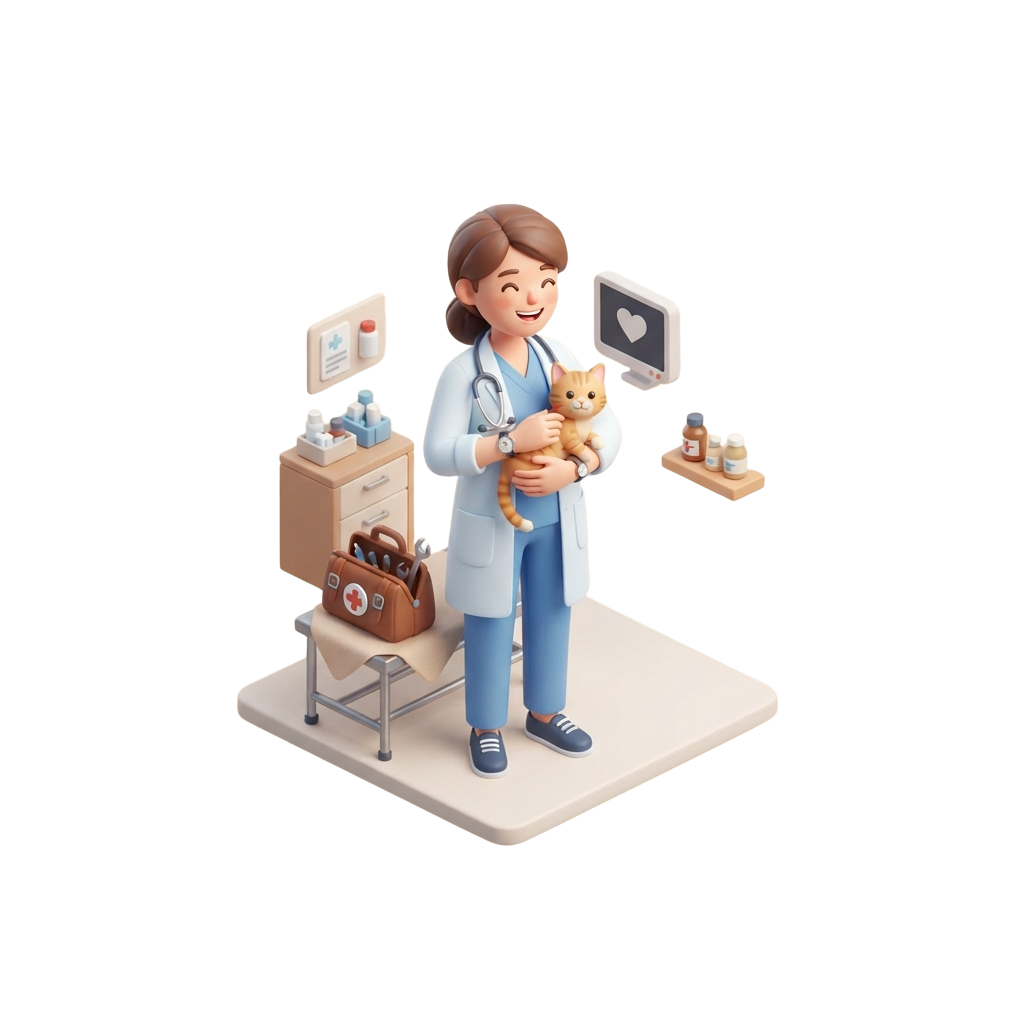 A veterinarian in blue scrubs holding a small kitten, surrounded by medical supplies and a computer screen showing a heart icon