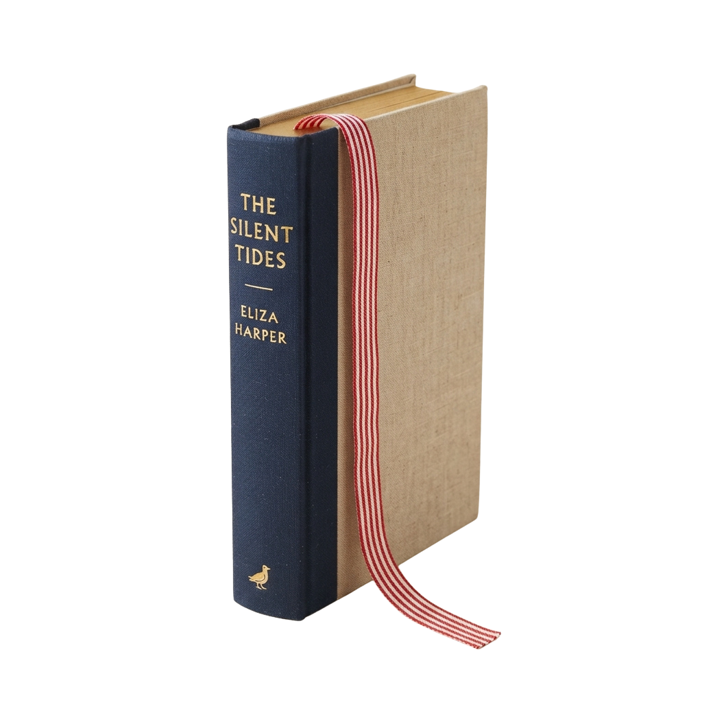 Dark blue book titled The Silent Tides by Eliza Harper with a red and white striped ribbon bookmark.