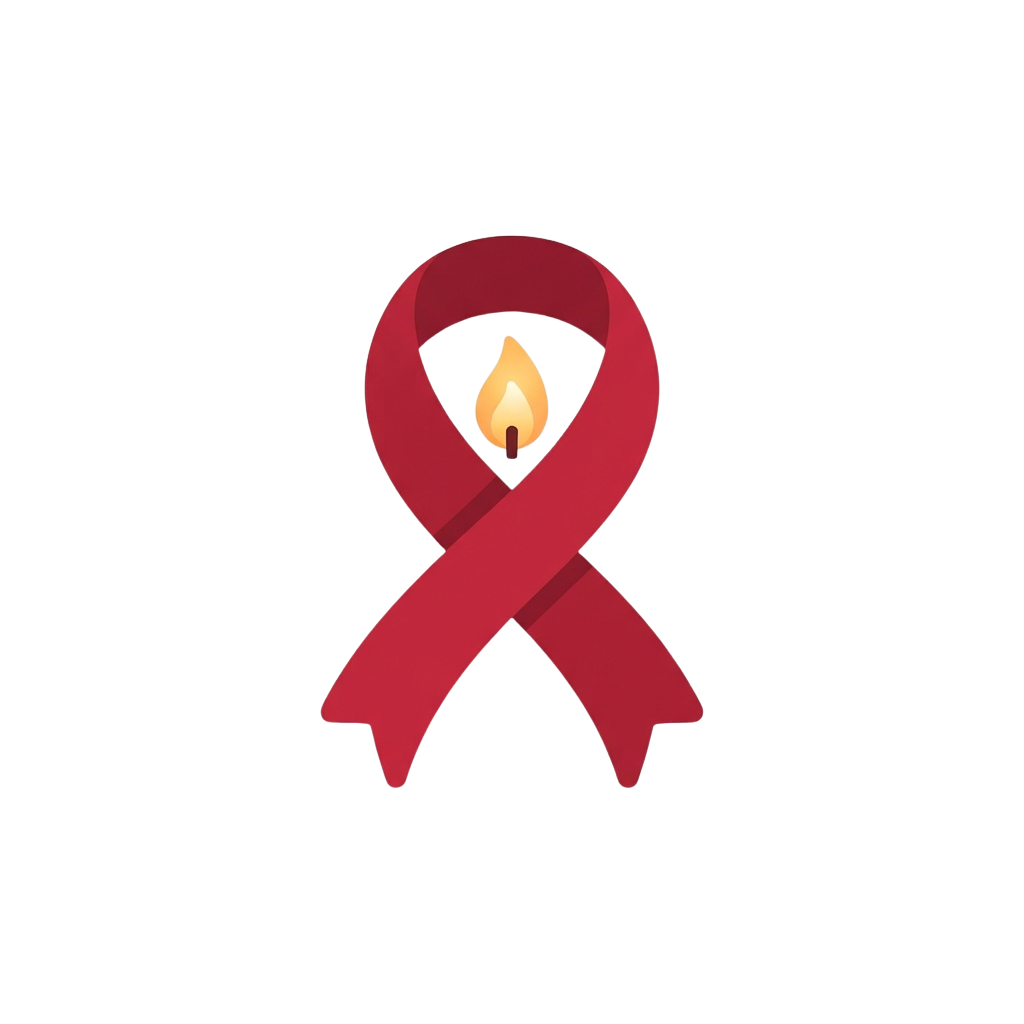 A red ribbon with a small lit candle in the center against a black background