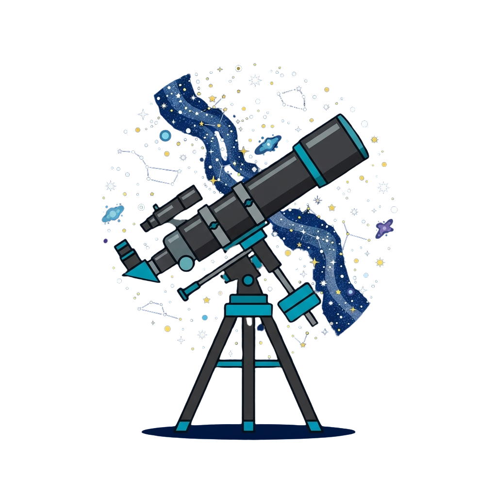 Illustration of a telescope on a tripod against a starry sky with constellation lines and celestial objects