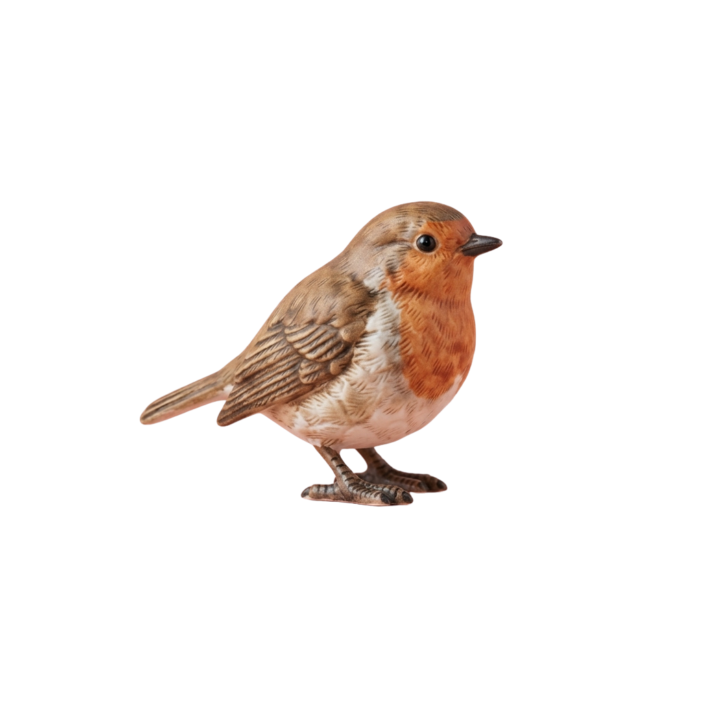 A close-up image of a European robin perched on one leg against a black background