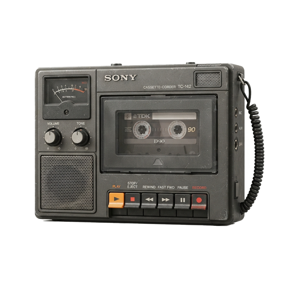 A vintage Sony cassette recorder with a cassette tape loaded, volume and tone knobs, and playback controls