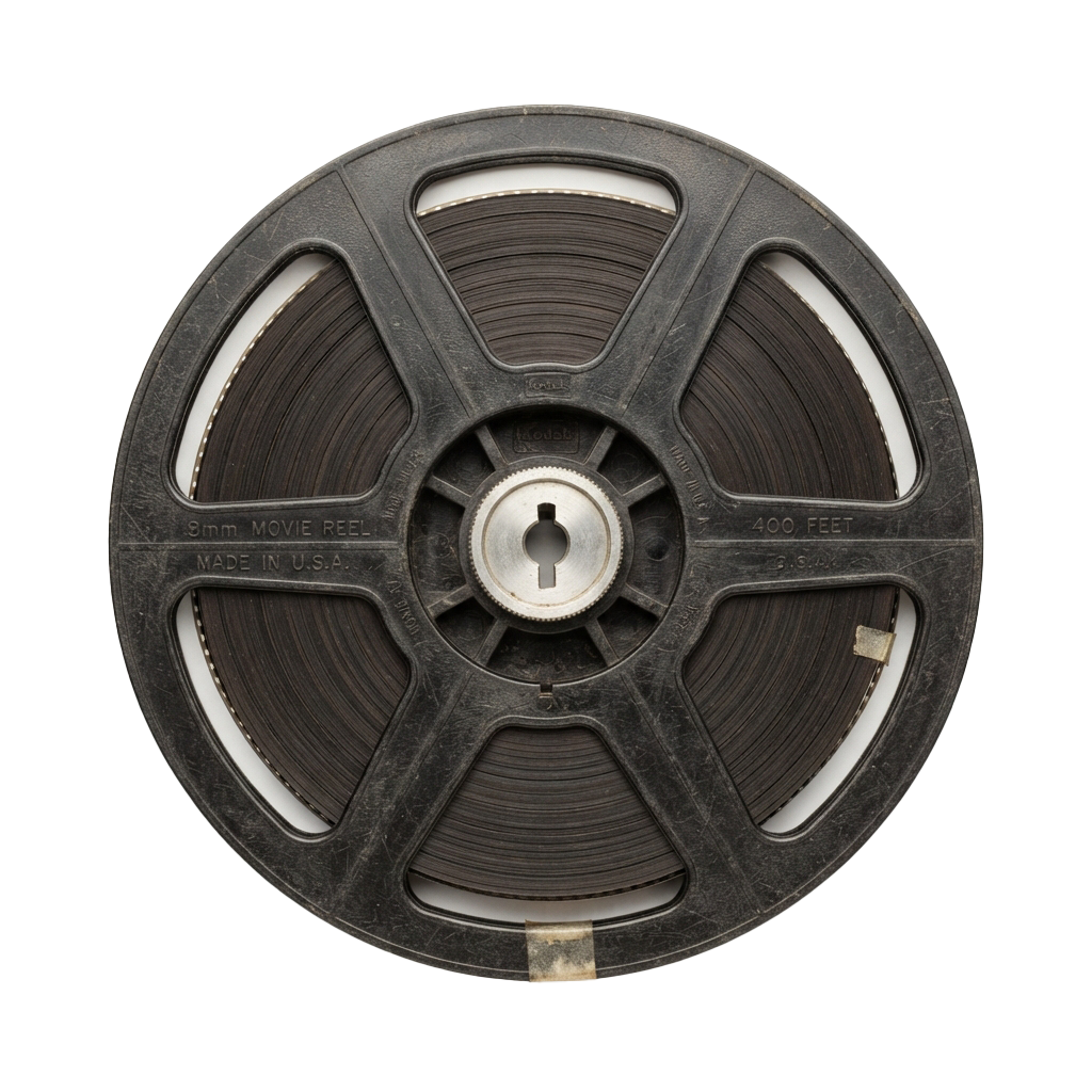 Black vintage 8mm movie film reel with 400 feet capacity, labeled Made in USA