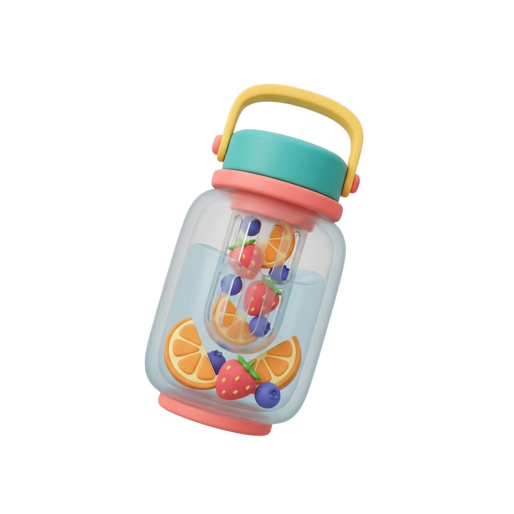 A clear plastic water bottle with colorful fruit-shaped ice cubes and a yellow and teal handle.